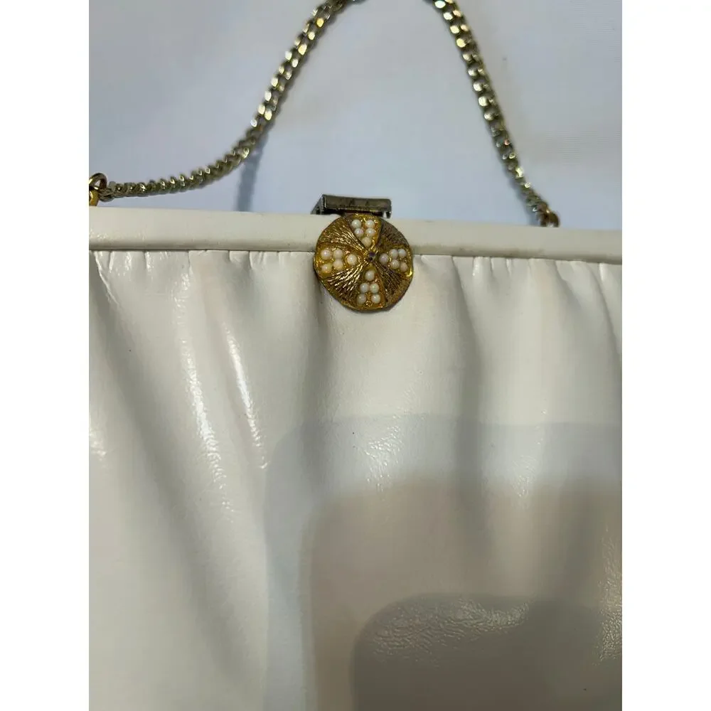 Vintage 60s/70s White Leather Clutch With Gold Chain And Accents